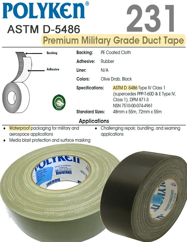 ASTM D-5486 Type IV Class 1 (which supersedes PPP-T-60D & E Type IV, Class 1) and to DPM 871-3 POLYKEN 231 Black 12 mil Premium Military-Grade Duct Tape 2" x 60 Yard Roll aviation consumable