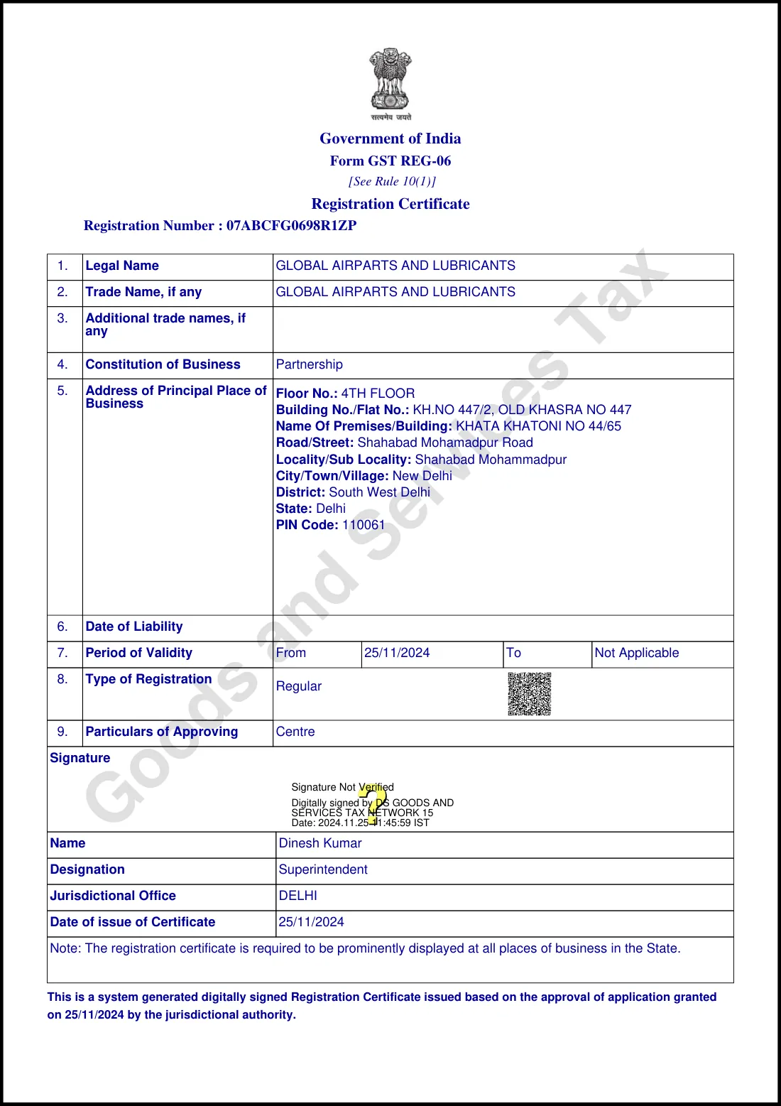 GST Registration Certificate (Form GST REG-06) issued by Government of India · Jurisdictional office: Delhi (Centre) — GSTIN 07ABCFG0698R1ZP