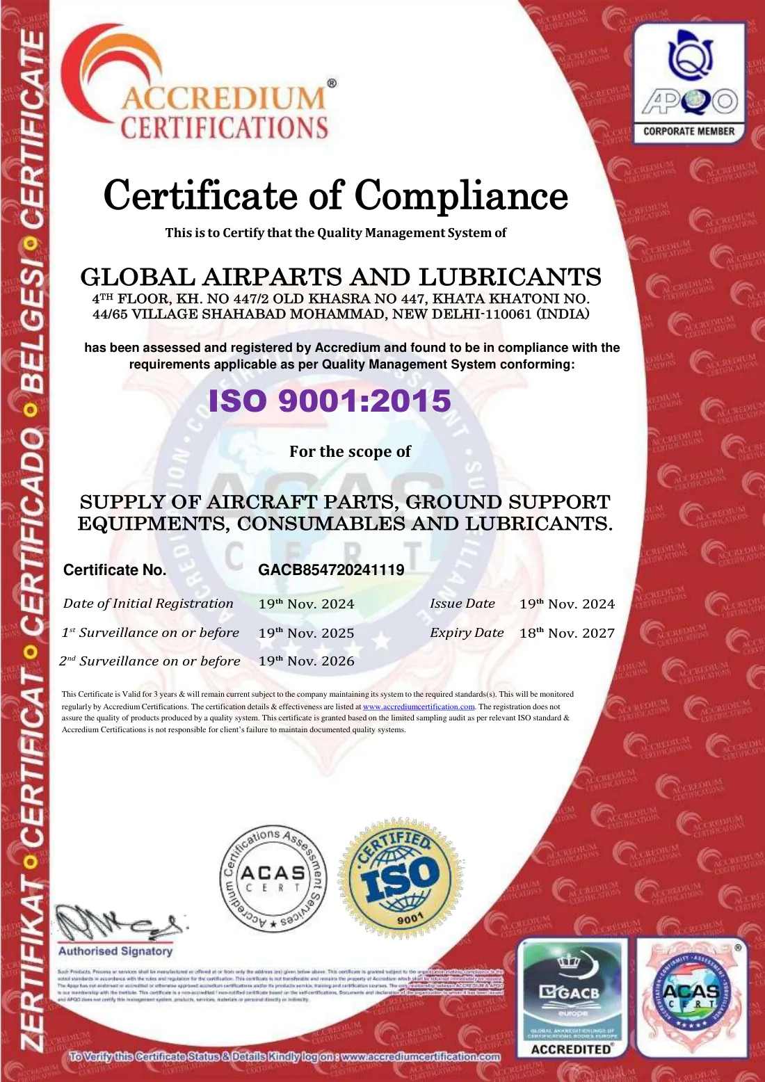 ISO 9001:2015 — Certificate of Compliance issued by Accredium Certifications (ACAS / GACB Europe accredited) — Certificate no. GACB854720241119