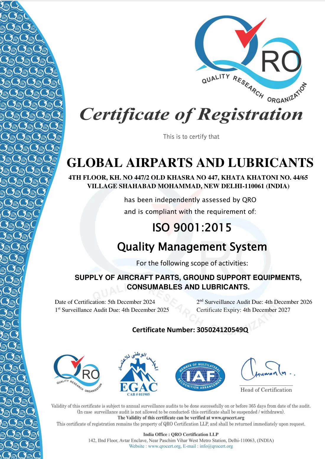 ISO 9001:2015 — Certificate of Registration issued by QRO (Quality Research Organization) — Certificate no. 305024120549Q